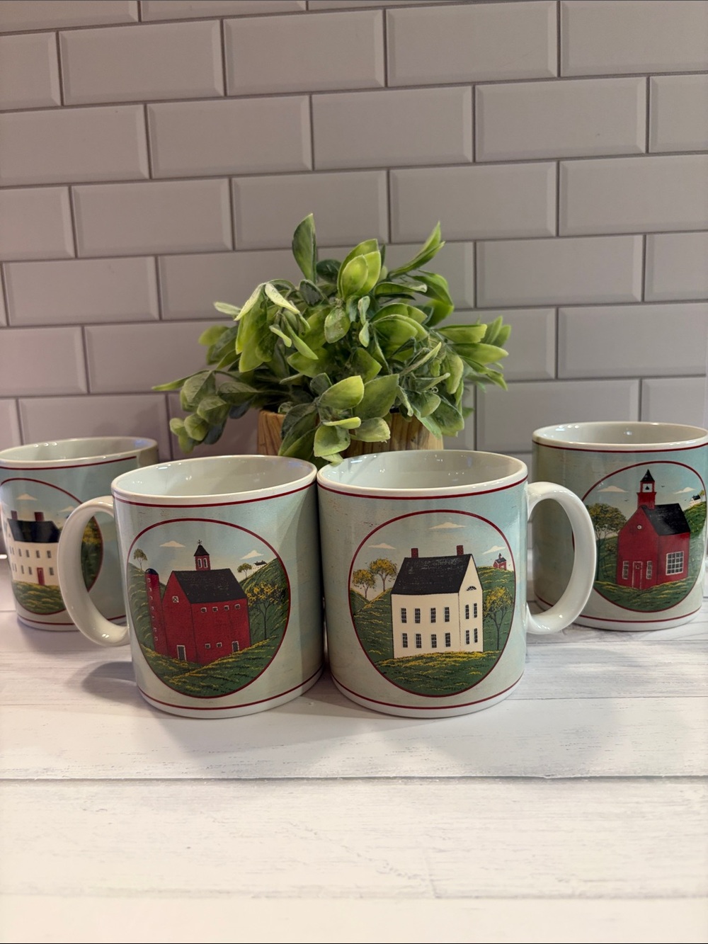 Brandon House Country Farmhouse Ceramic Mug Set - Green and Red Scenic Design